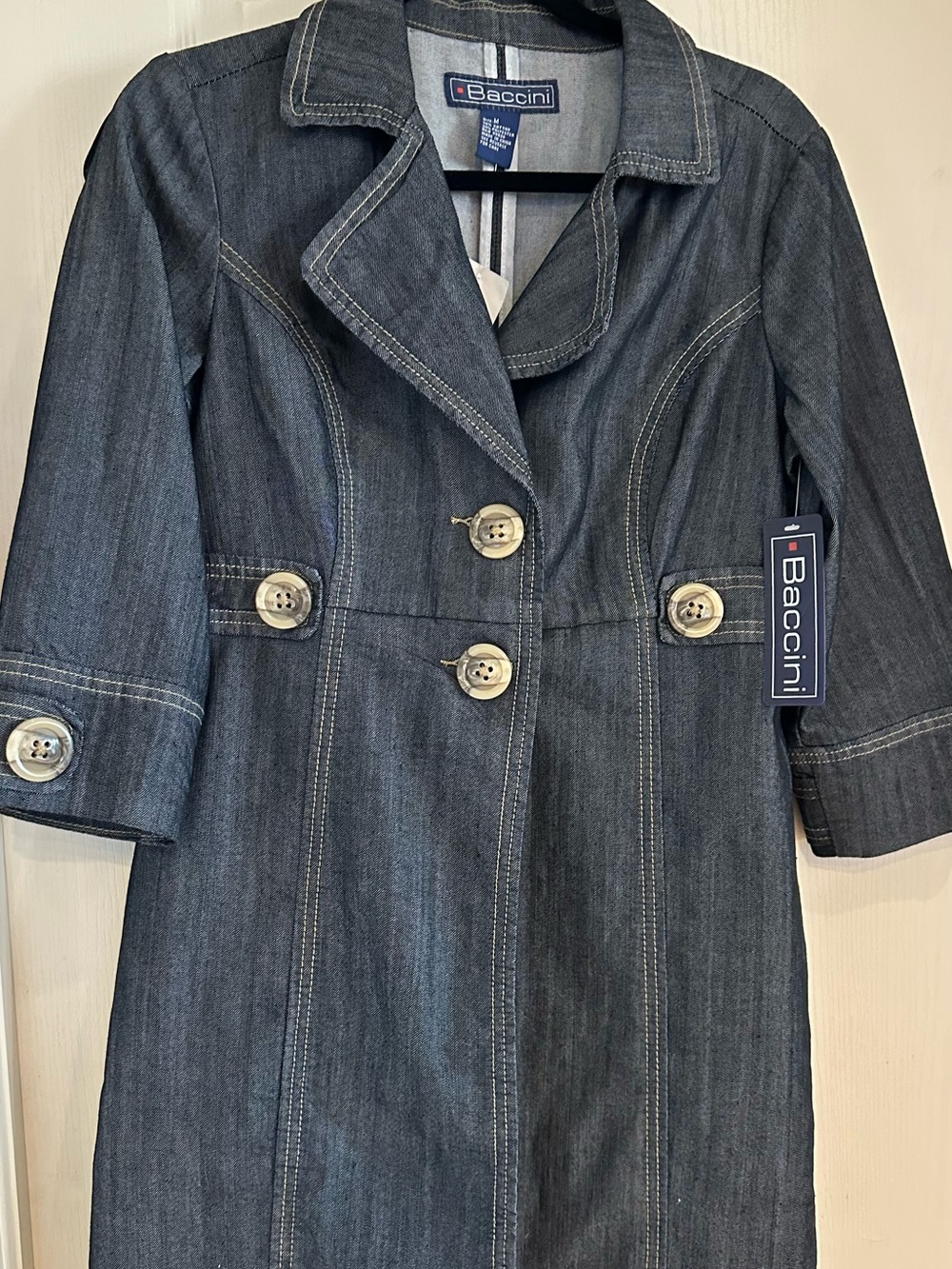 Baccini Women's Dark Blue Denim Trench Coat with Contrast Stitching